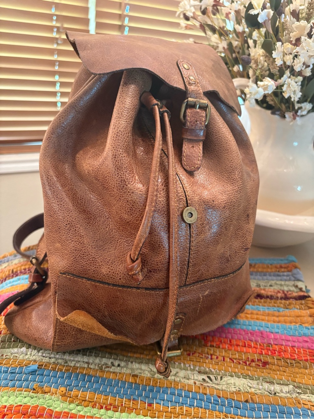 Patricia Nash Rustic Brown Leather Backpack with Canvas Logo Pouch